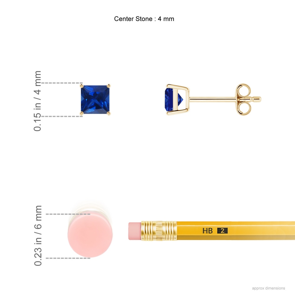 4mm AAAA Classic Basket-Set Square Blue Sapphire Stud Earrings in Yellow Gold ruler