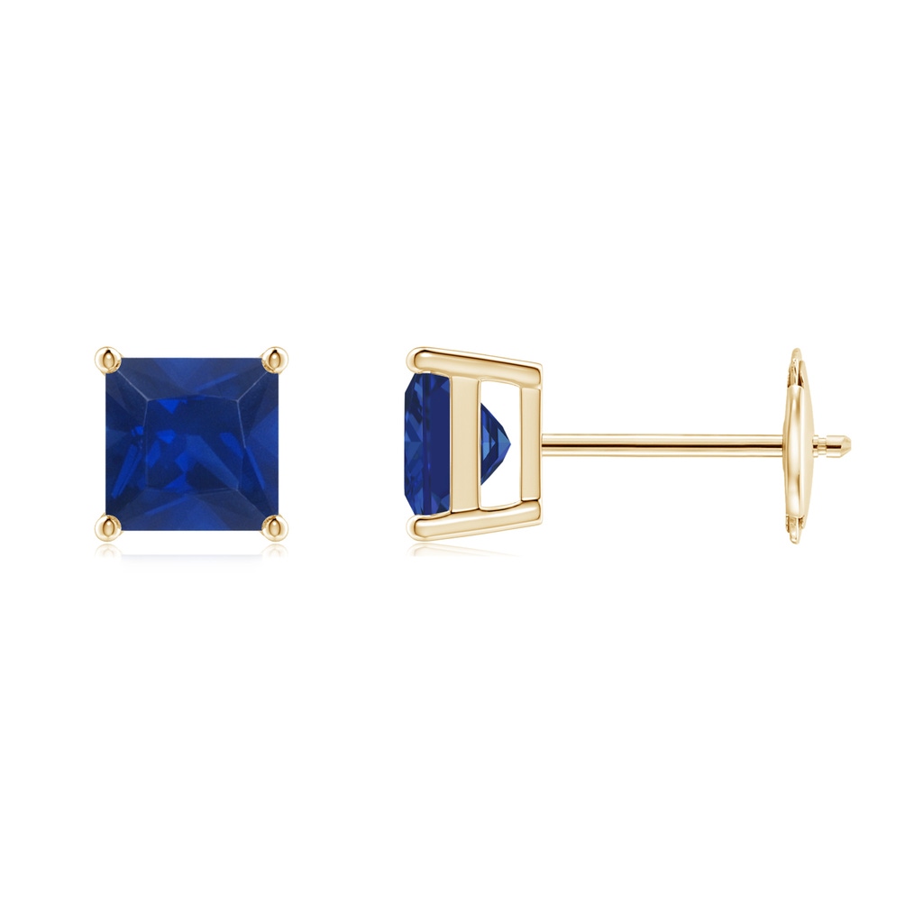 5mm AAA Classic Basket-Set Square Blue Sapphire Stud Earrings in Yellow Gold