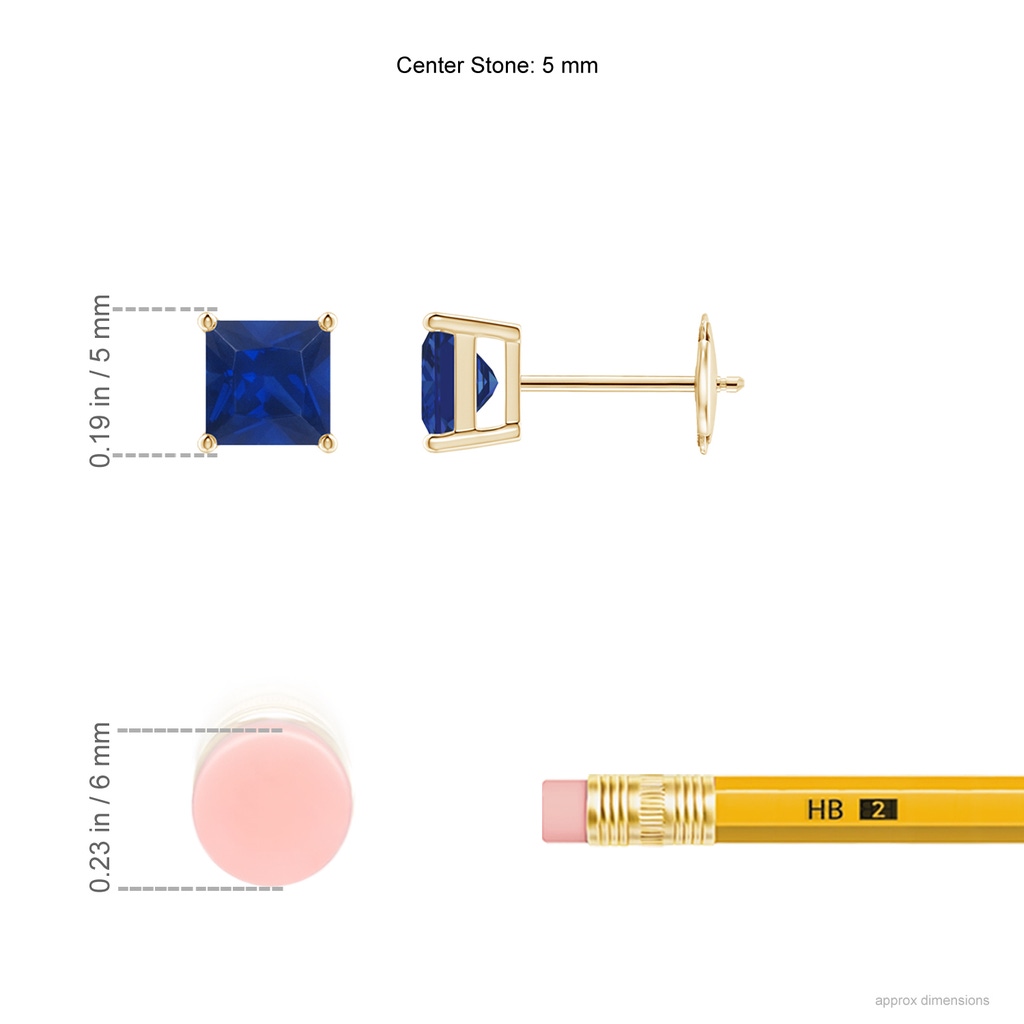 5mm AAA Classic Basket-Set Square Blue Sapphire Stud Earrings in Yellow Gold ruler