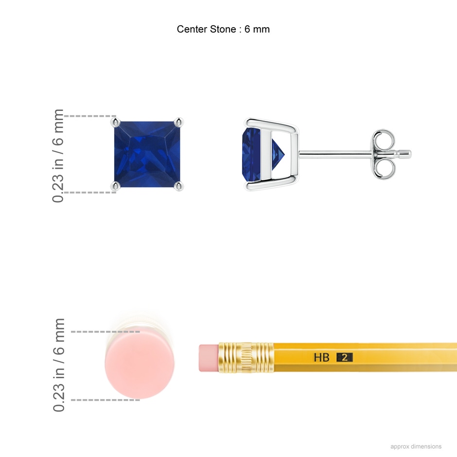 6mm AAA Classic Basket-Set Square Blue Sapphire Stud Earrings in P950 Platinum ruler