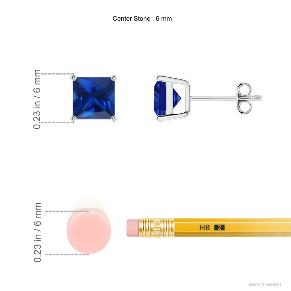 6mm AAAA Classic Basket-Set Square Blue Sapphire Stud Earrings in P950 Platinum ruler