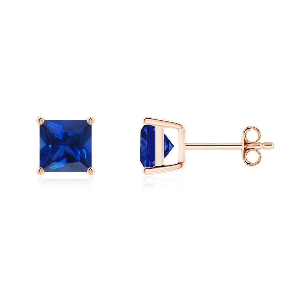 6mm Lab-Grown Classic Basket-Set Square Blue Sapphire Stud Earrings in Rose Gold