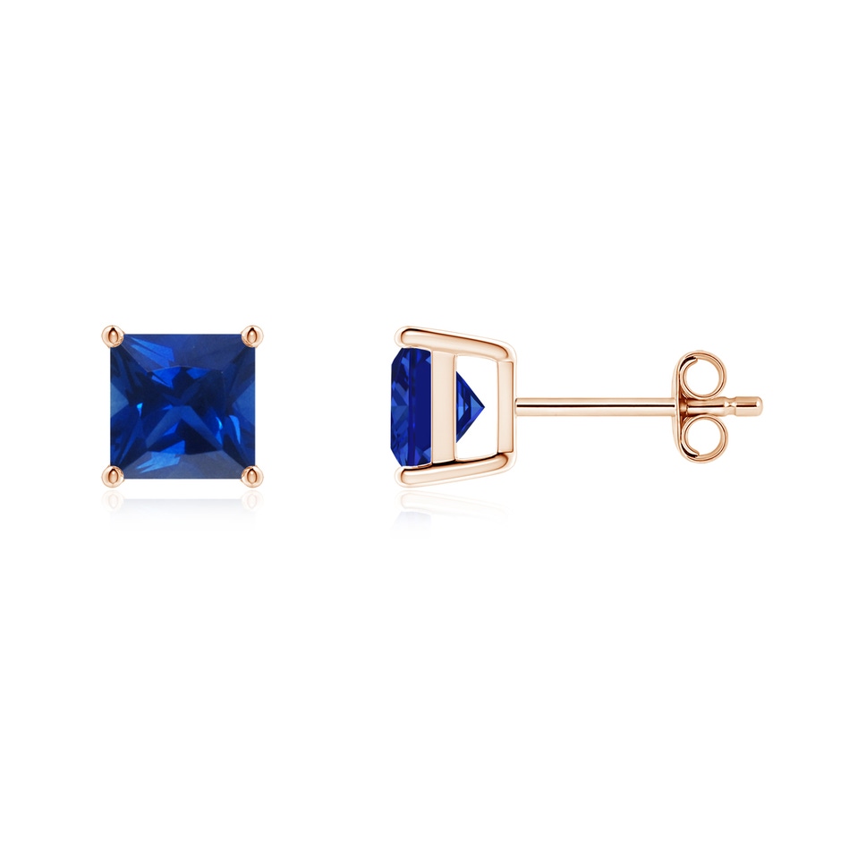 6mm AAAA Classic Basket-Set Square Blue Sapphire Stud Earrings in Rose Gold 