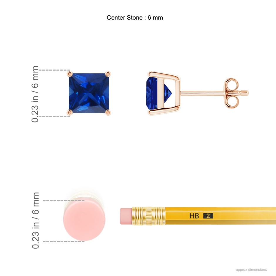 6mm AAAA Classic Basket-Set Square Blue Sapphire Stud Earrings in Rose Gold ruler