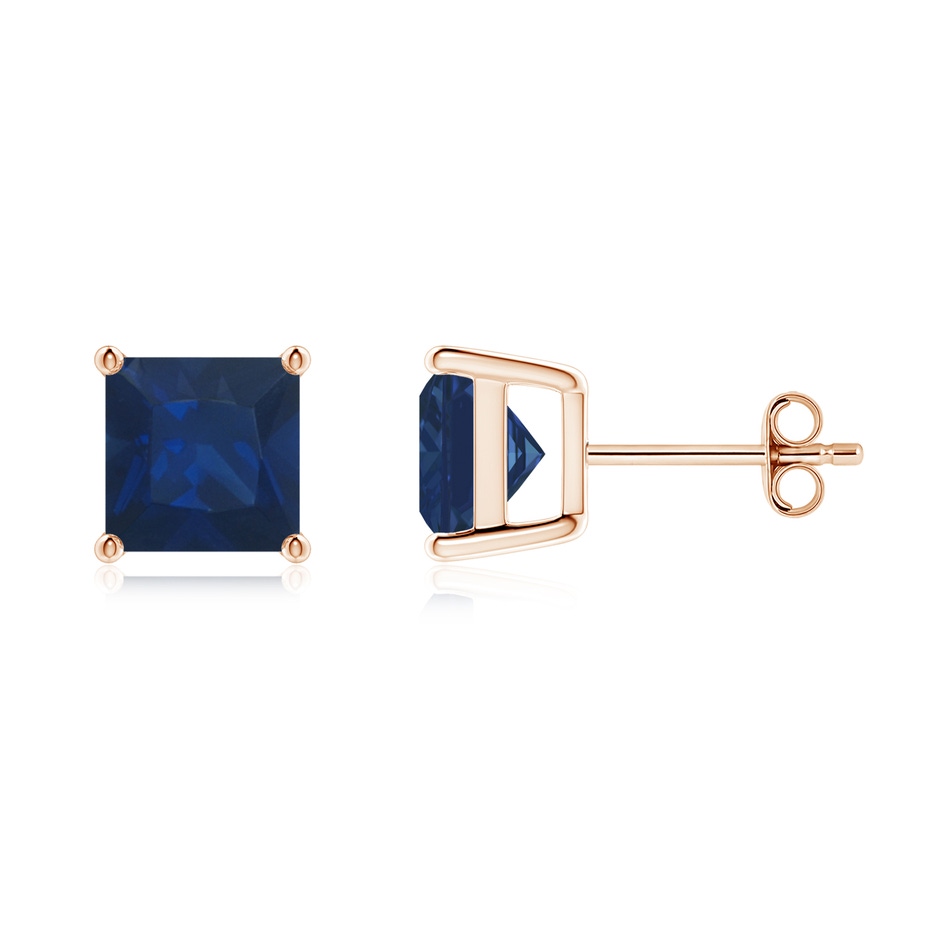 7mm AA Classic Basket-Set Square Blue Sapphire Stud Earrings in Rose Gold 