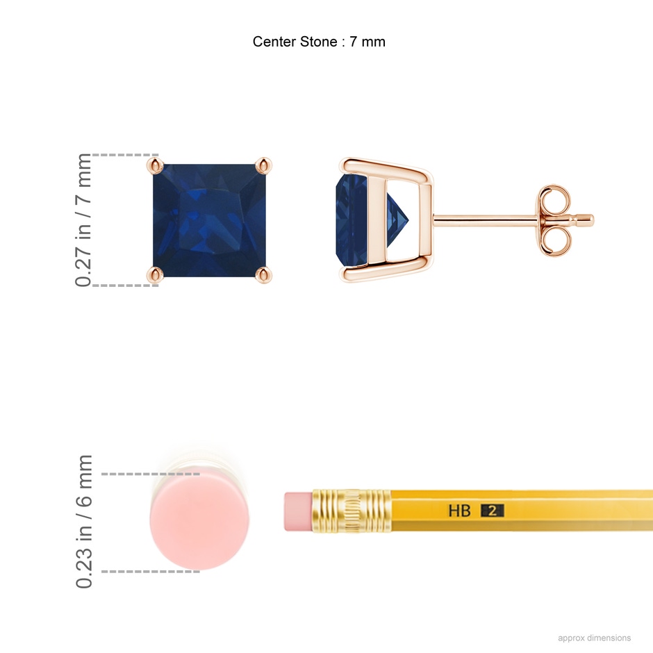 7mm AA Classic Basket-Set Square Blue Sapphire Stud Earrings in Rose Gold ruler
