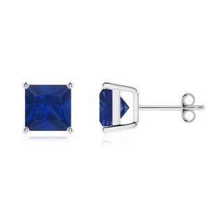 7mm AAA Classic Basket-Set Square Blue Sapphire Stud Earrings in P950 Platinum