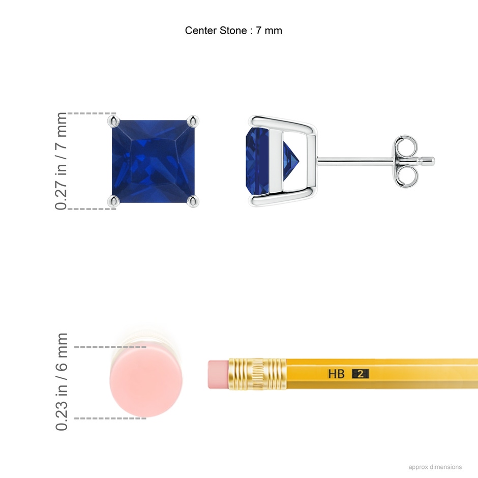 7mm AAA Classic Basket-Set Square Blue Sapphire Stud Earrings in P950 Platinum ruler
