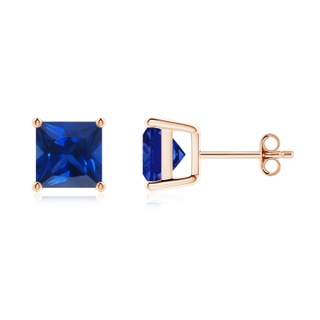 7mm AAAA Classic Basket-Set Square Blue Sapphire Stud Earrings in 18K Rose Gold