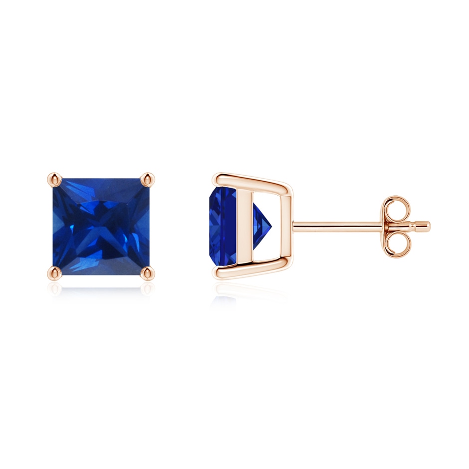 7mm AAAA Classic Basket-Set Square Blue Sapphire Stud Earrings in Rose Gold 