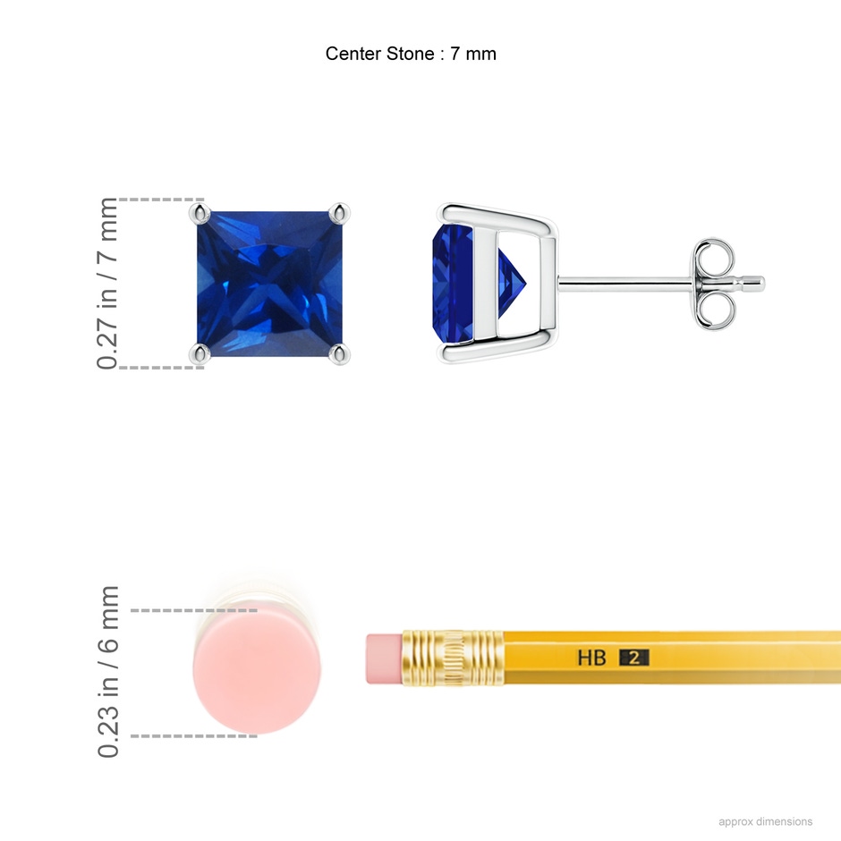 7mm Lab-Grown Classic Basket-Set Square Blue Sapphire Stud Earrings in White Gold ruler
