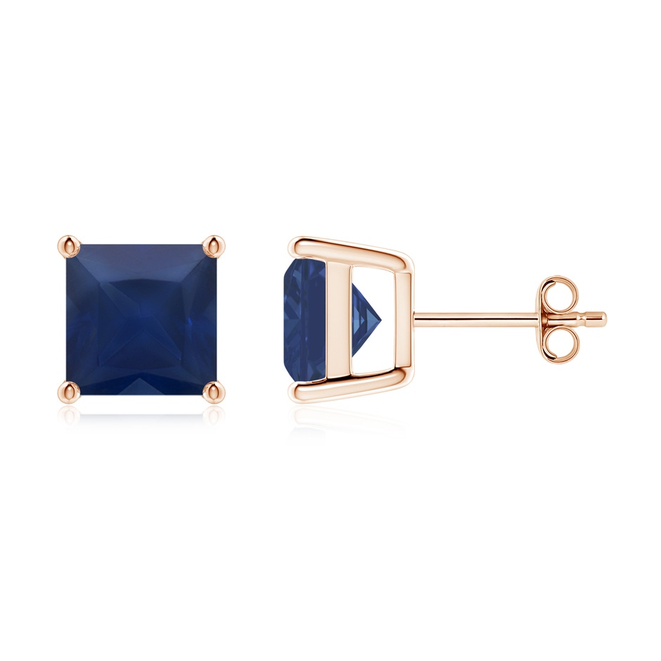 8mm A Classic Basket-Set Square Blue Sapphire Stud Earrings in Rose Gold 