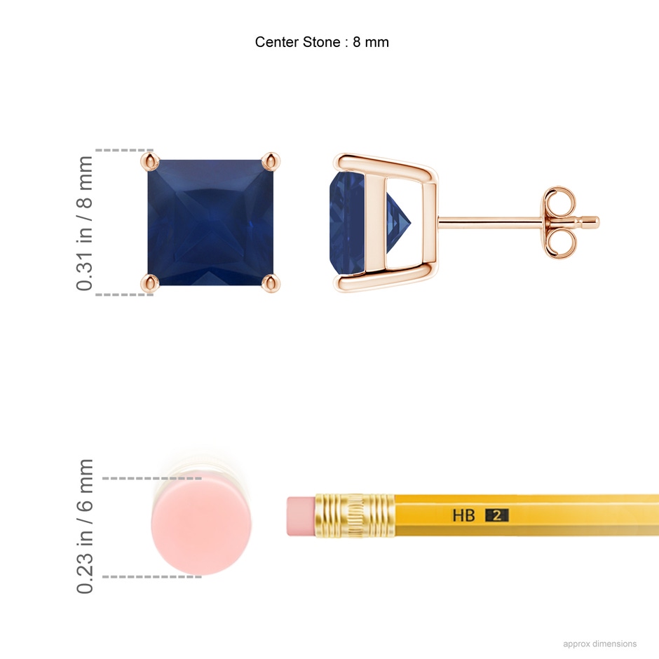 8mm A Classic Basket-Set Square Blue Sapphire Stud Earrings in Rose Gold ruler