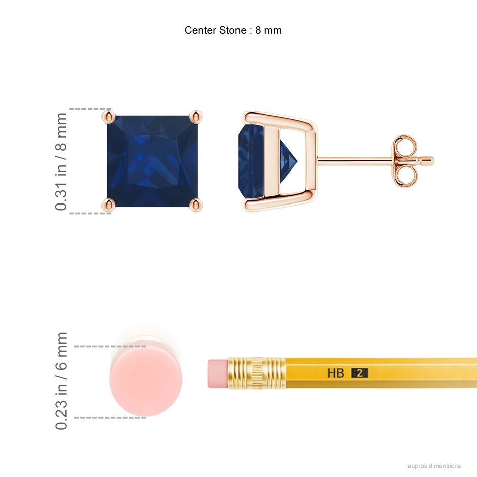 8mm AA Classic Basket-Set Square Blue Sapphire Stud Earrings in 18K Rose Gold ruler