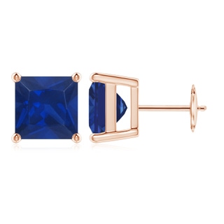 8mm AAA Classic Basket-Set Square Blue Sapphire Stud Earrings in Rose Gold