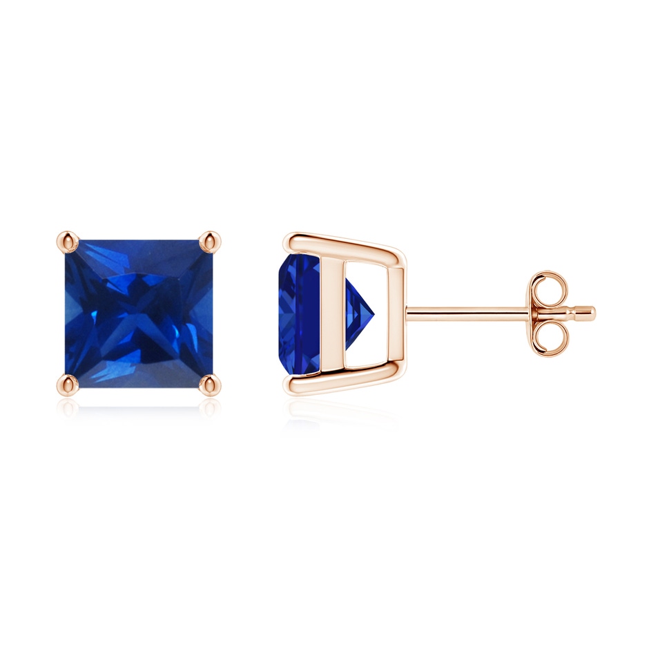 8mm AAAA Classic Basket-Set Square Blue Sapphire Stud Earrings in 18K Rose Gold 