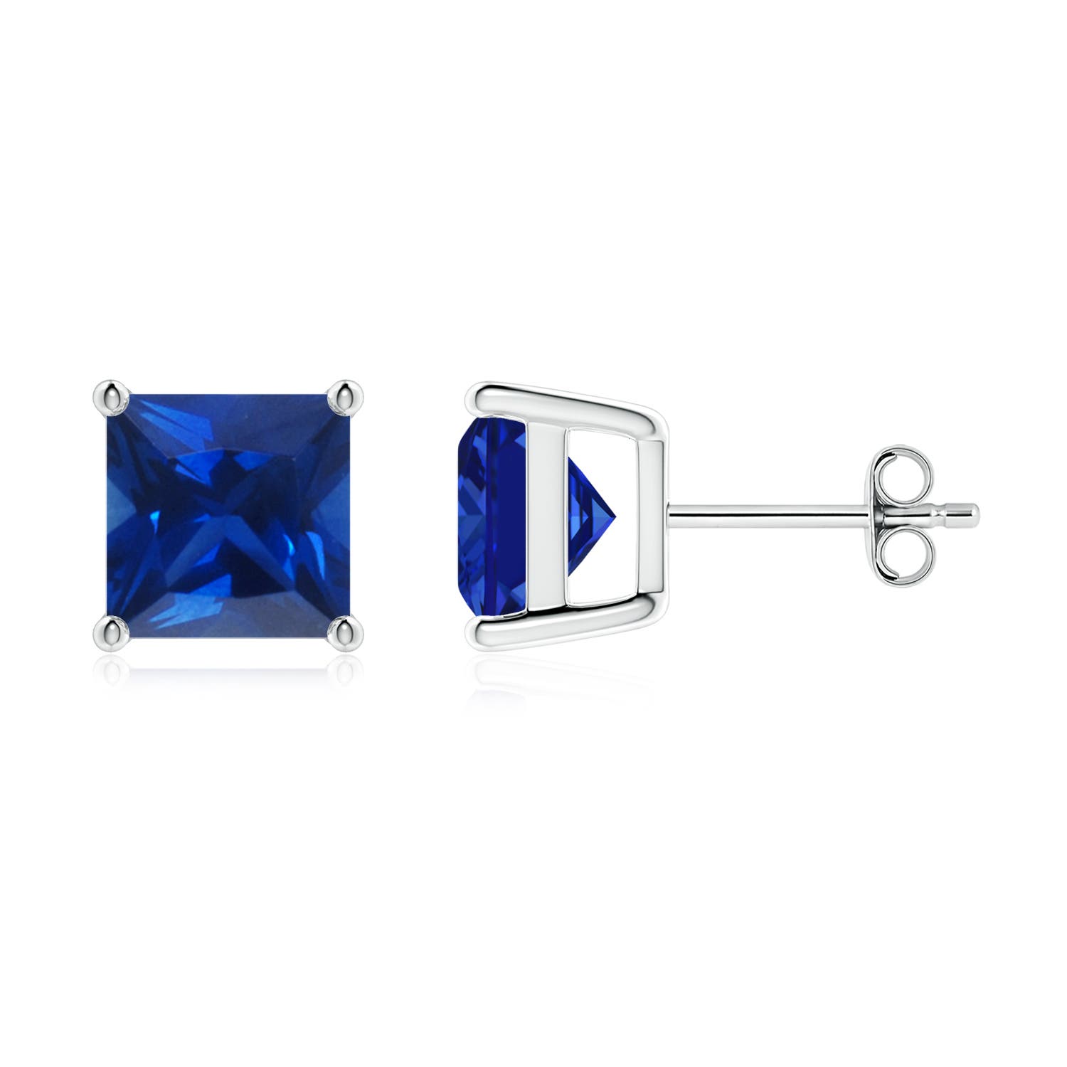 Angara 4.4 CTW Classic Basket-Set Square Blue Sapphire Stud Earrings in 18K White Gold