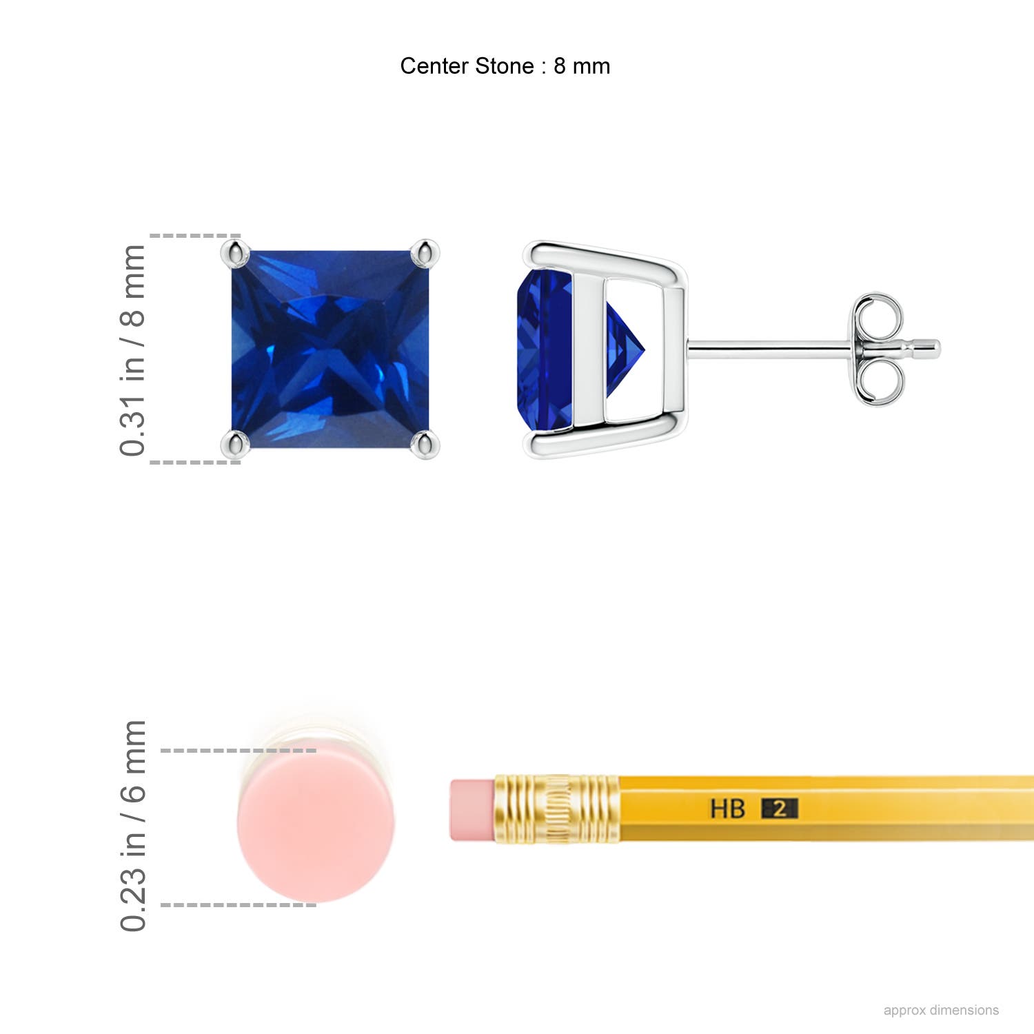 8mm AAAA Classic Basket-Set Square Blue Sapphire Stud Earrings in White Gold - ruler