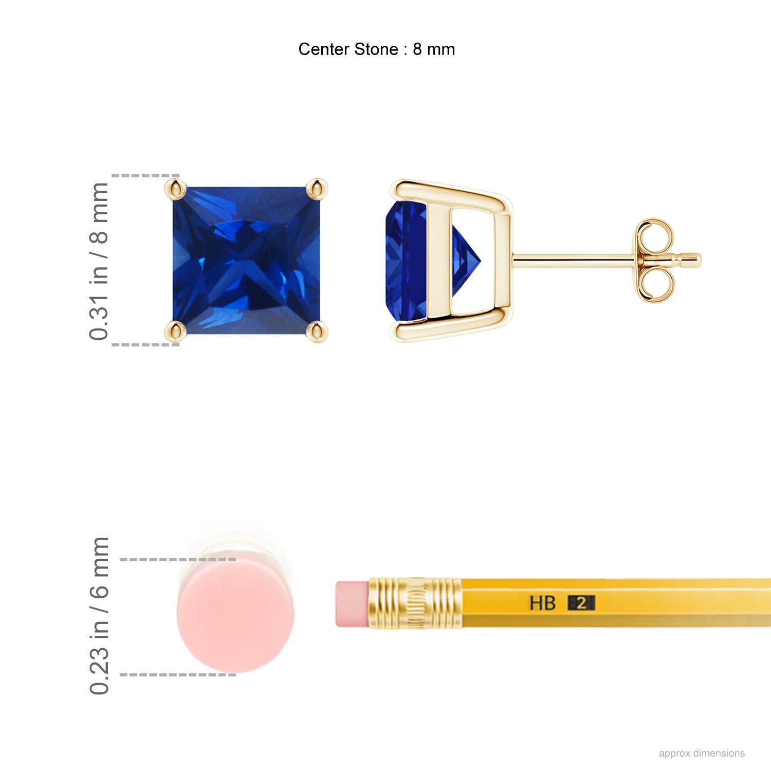 8mm AAAA Classic Basket-Set Square Blue Sapphire Stud Earrings in Yellow Gold - ruler