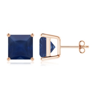 9mm A Classic Basket-Set Square Blue Sapphire Stud Earrings in 18K Rose Gold