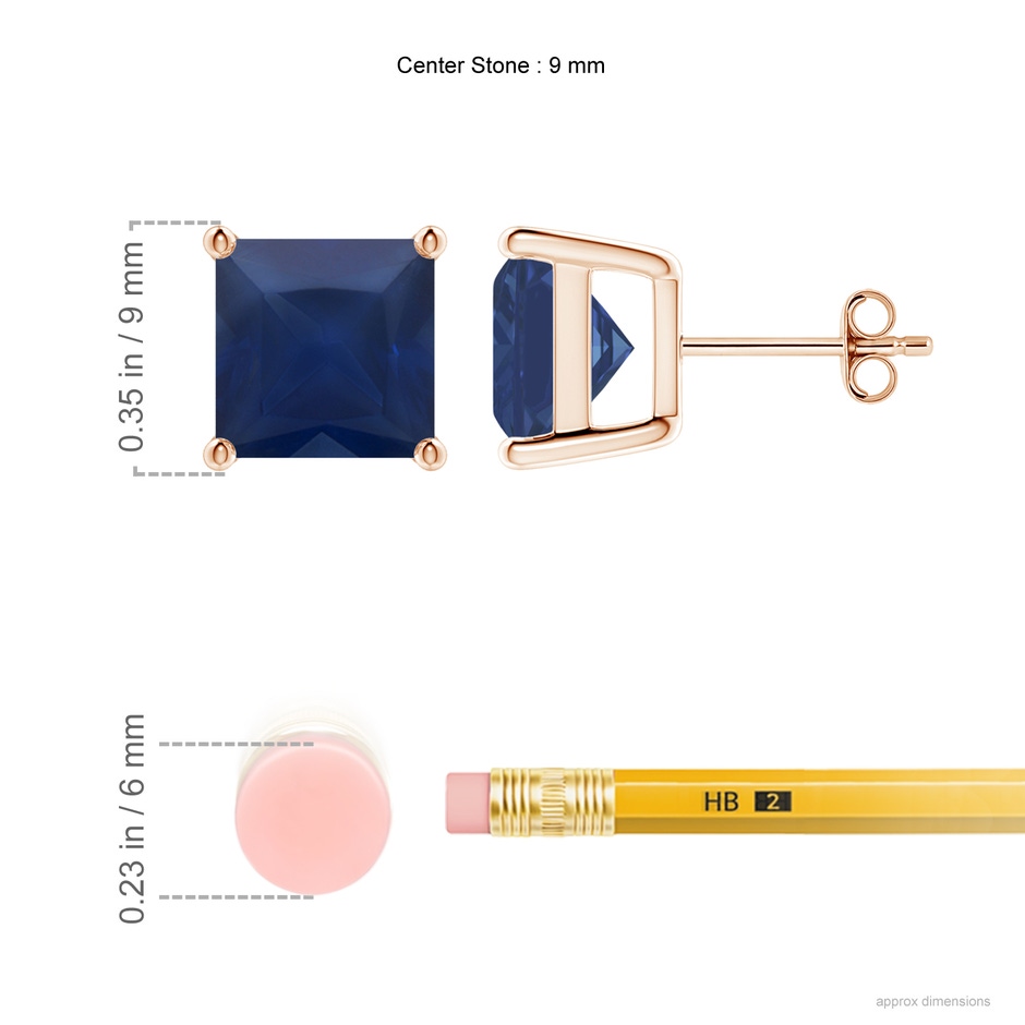 9mm A Classic Basket-Set Square Blue Sapphire Stud Earrings in 18K Rose Gold ruler