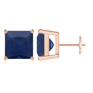 9mm A Classic Basket-Set Square Blue Sapphire Stud Earrings in Rose Gold