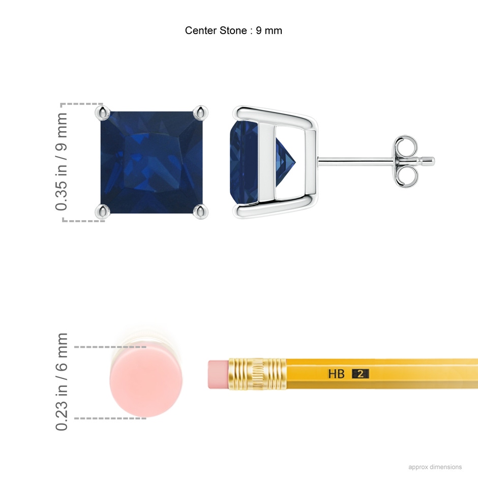 9mm AA Classic Basket-Set Square Blue Sapphire Stud Earrings in P950 Platinum ruler