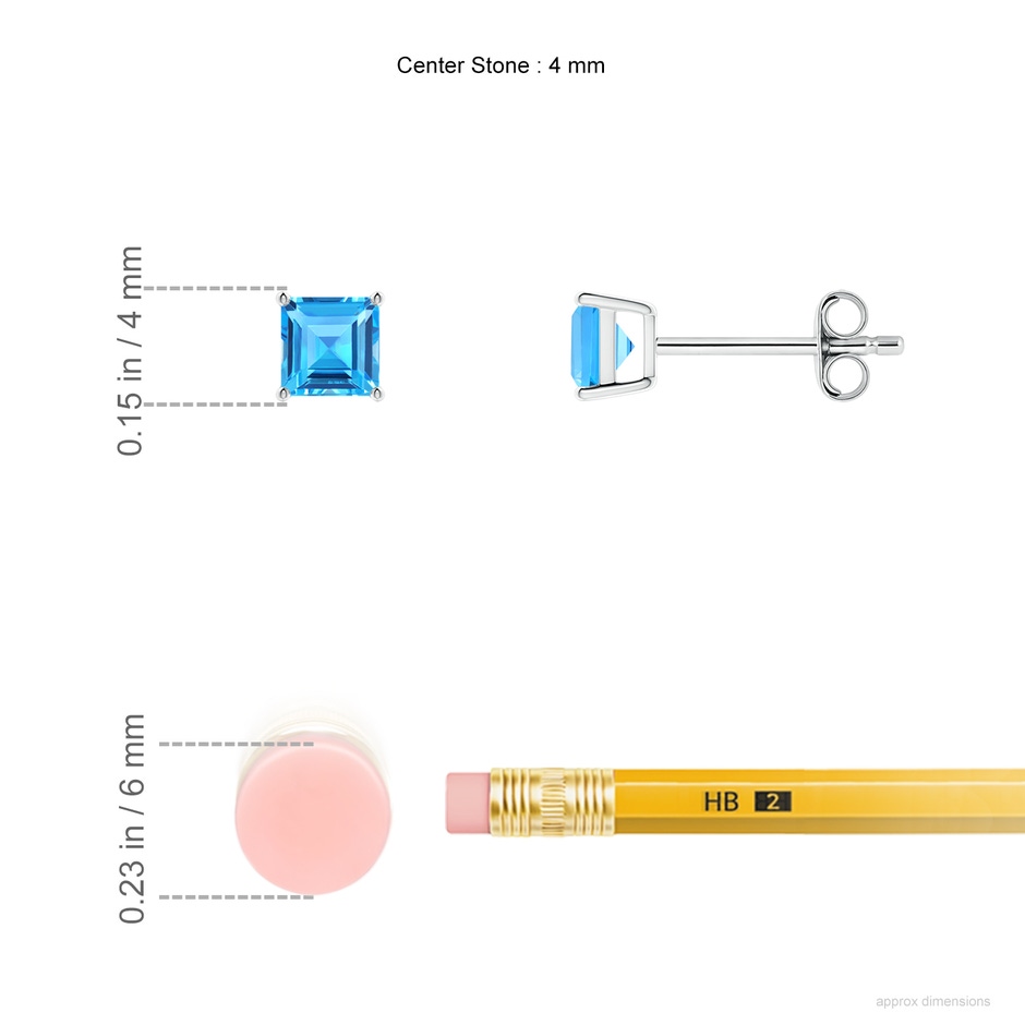 4mm AAAA Classic Basket-Set Square Swiss Blue Topaz Stud Earrings in P950 Platinum ruler