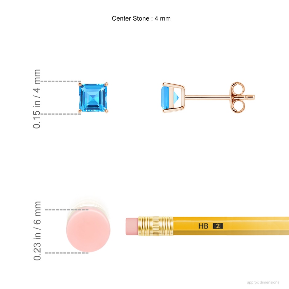 4mm AAAA Classic Basket-Set Square Swiss Blue Topaz Stud Earrings in Rose Gold ruler