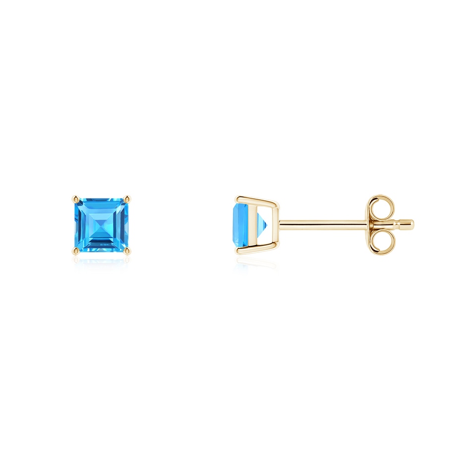 4mm AAAA Classic Basket-Set Square Swiss Blue Topaz Stud Earrings in Yellow Gold 