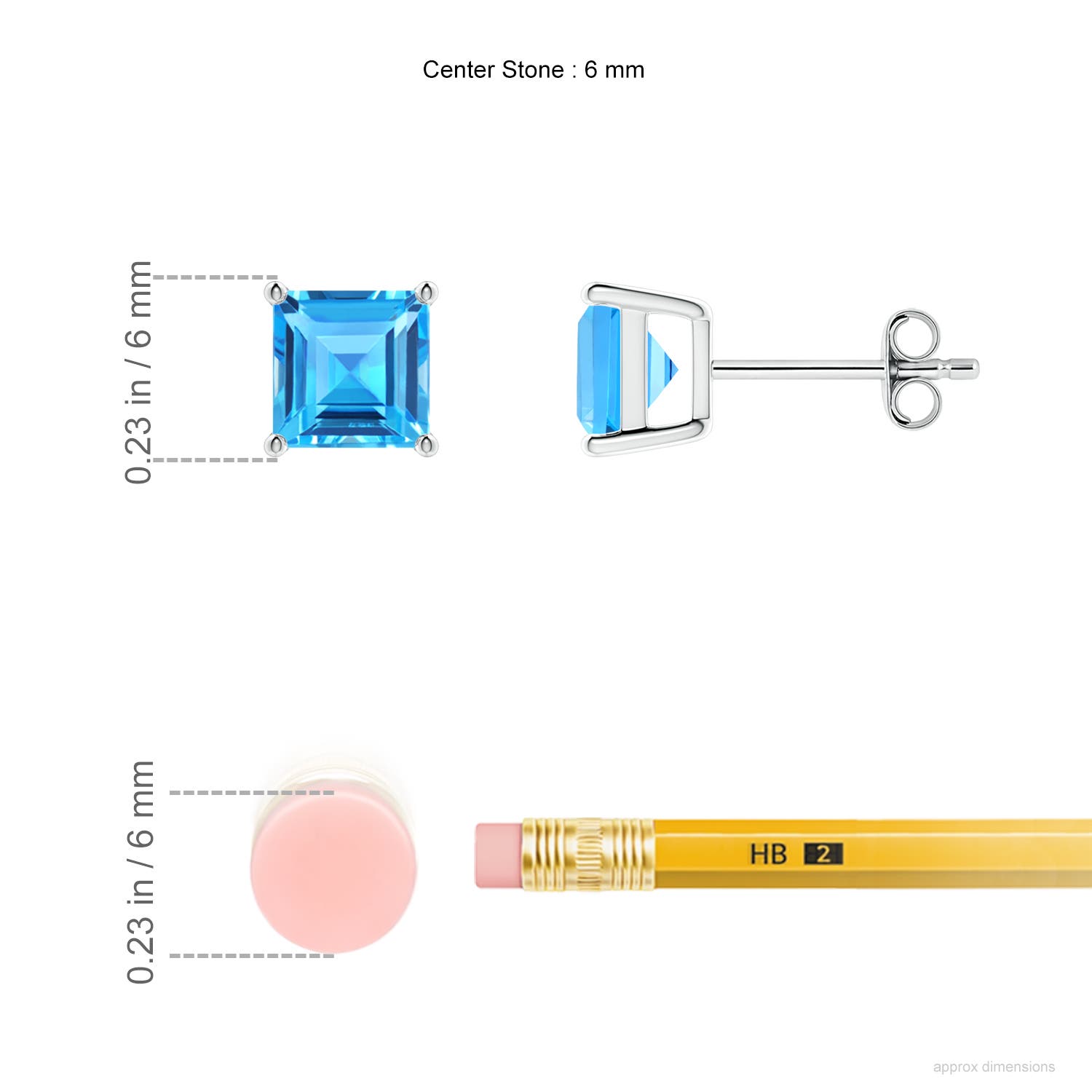 6mm AAAA Classic Basket-Set Square Swiss Blue Topaz Stud Earrings in 18K White Gold - ruler