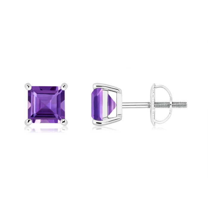5mm AAA Basket-Set Square Amethyst Stud Earrings in White Gold in White Gold