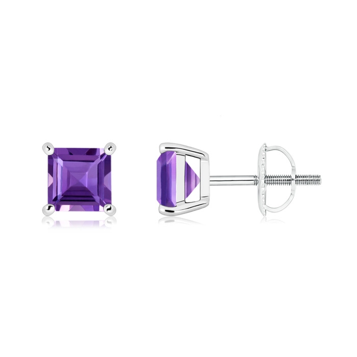 5mm AAA Basket-Set Square Amethyst Stud Earrings in White Gold in White Gold 