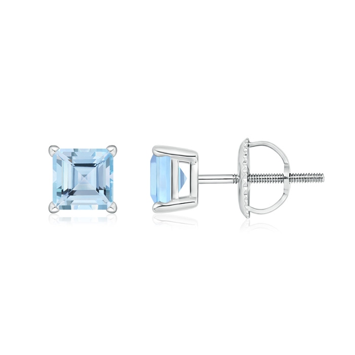 5mm AAA Basket-Set Square Aquamarine Stud Earrings in 10K White Gold