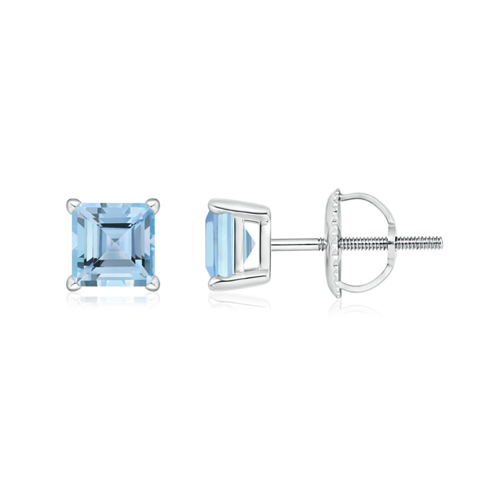 5mm AAAA Basket-Set Square Aquamarine Stud Earrings in P950 Platinum