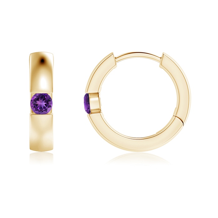 2.5mm AAAA Channel-Set Round Amethyst Hinged Hoop Earrings in Yellow Gold