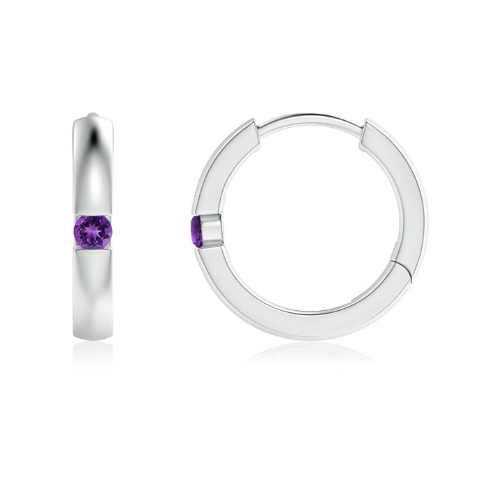 2mm AAAA Channel-Set Round Amethyst Hinged Hoop Earrings in White Gold 