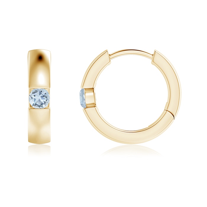 2.5mm A Channel-Set Round Aquamarine Hinged Hoop Earrings in Yellow Gold 
