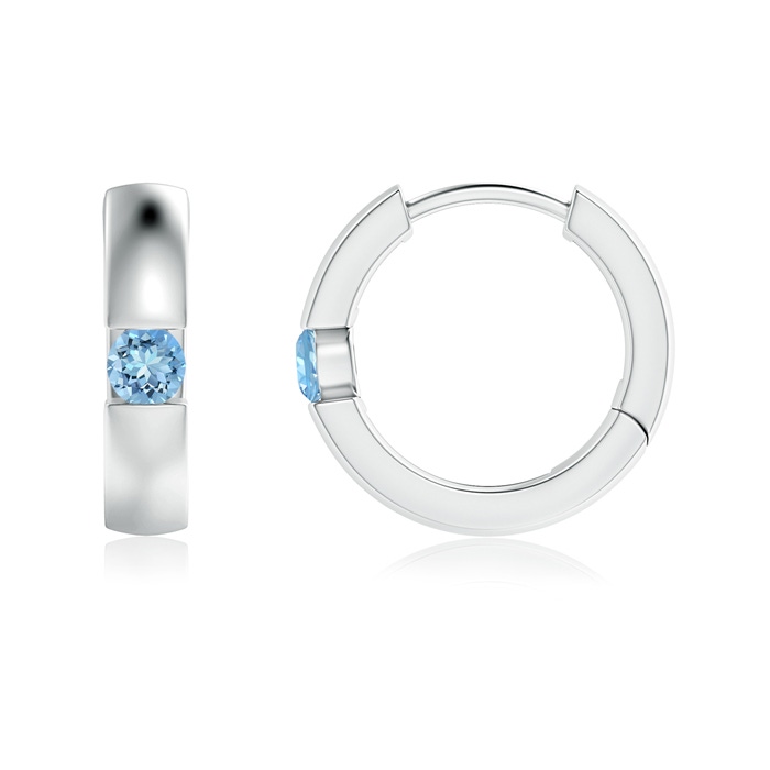 2.5mm AAAA Channel-Set Round Aquamarine Hinged Hoop Earrings in White Gold 