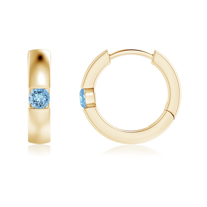 2.5mm AAAA Channel-Set Round Aquamarine Hinged Hoop Earrings in Yellow Gold