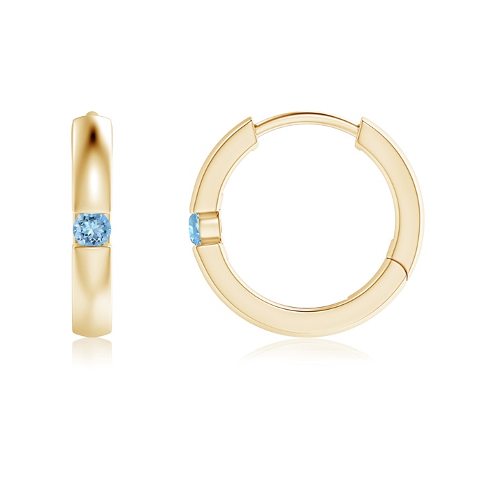 2mm AAAA Channel-Set Round Aquamarine Hinged Hoop Earrings in Yellow Gold 