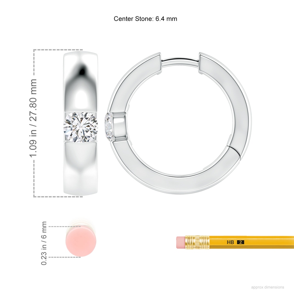 6.4mm HSI2 Channel-Set Round Diamond Hinged Hoop Earrings in White Gold ruler