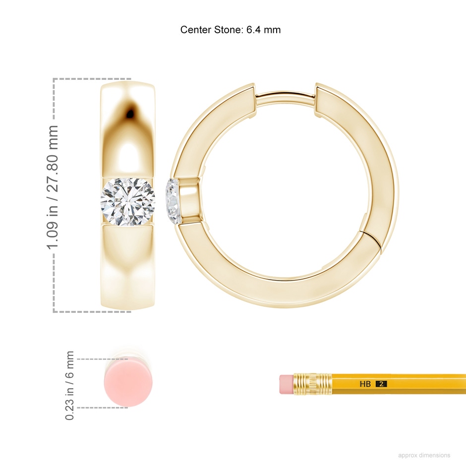 6.4mm HSI2 Channel-Set Round Diamond Hinged Hoop Earrings in Yellow Gold ruler
