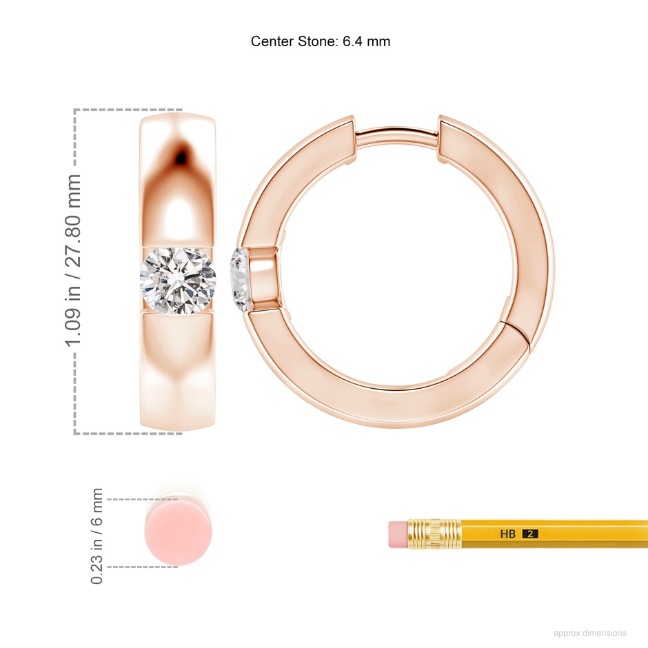 6.4mm IJI1I2 Channel-Set Round Diamond Hinged Hoop Earrings in 9K Rose Gold ruler
