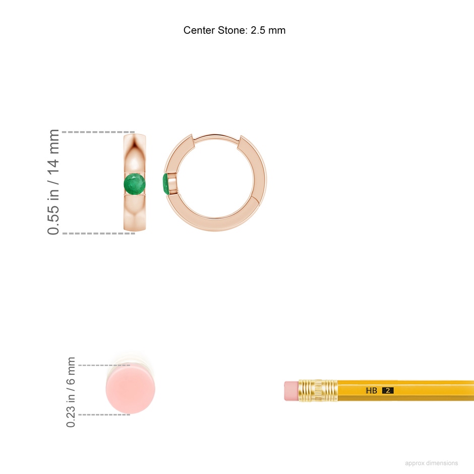 2.5mm A Channel-Set Round Emerald Hinged Hoop Earrings in Rose Gold ruler