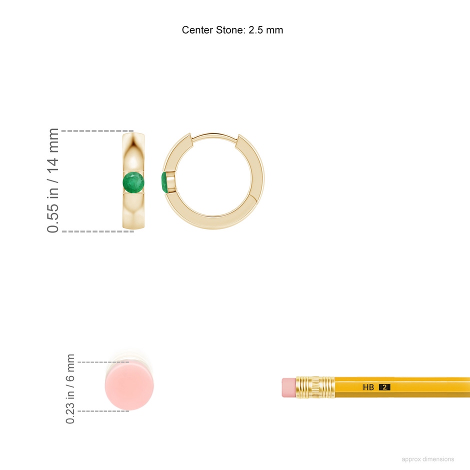 2.5mm A Channel-Set Round Emerald Hinged Hoop Earrings in Yellow Gold ruler