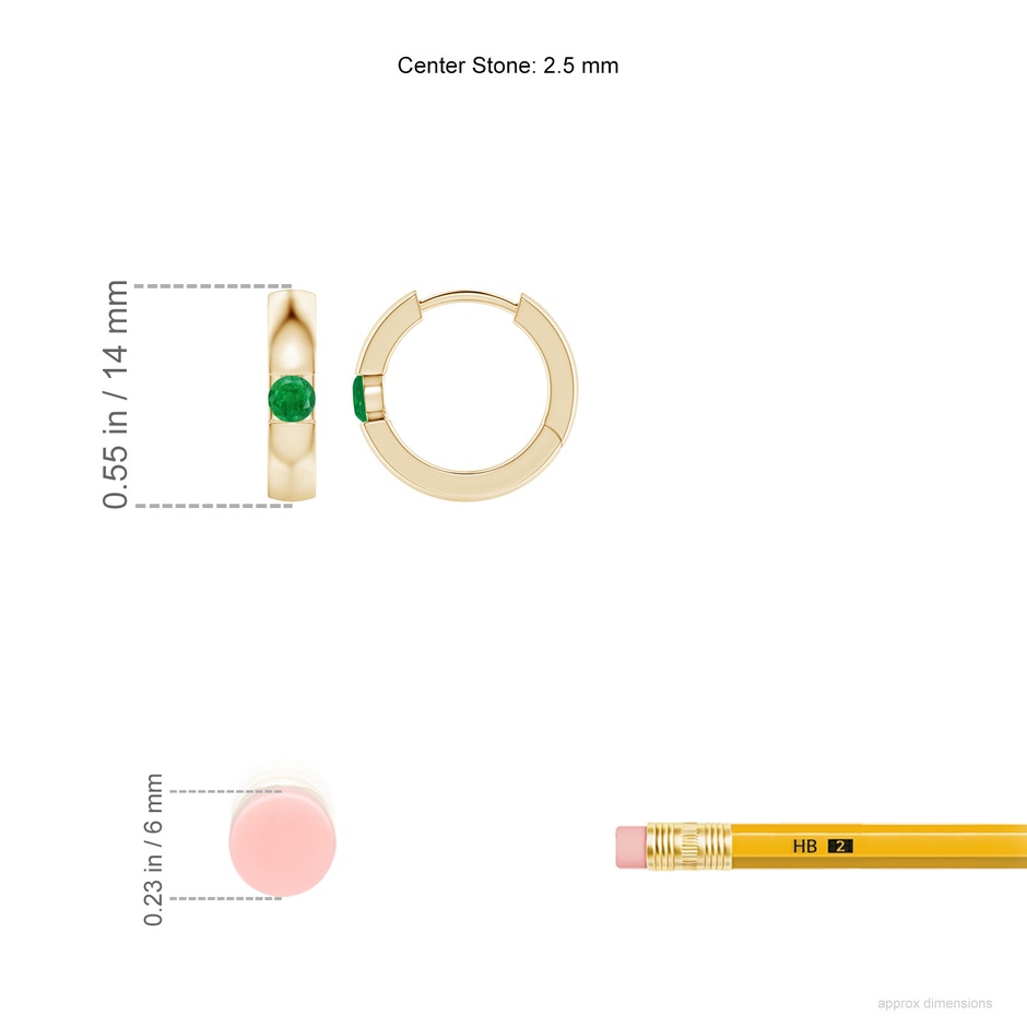 2.5mm AA Channel-Set Round Emerald Hinged Hoop Earrings in Yellow Gold ruler
