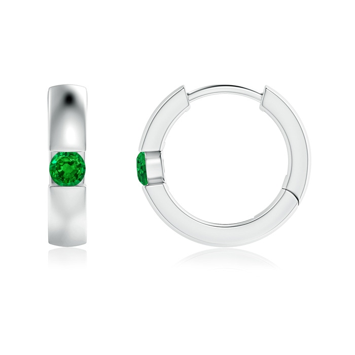 2.5mm AAAA Channel-Set Round Emerald Hinged Hoop Earrings in 18K White Gold 