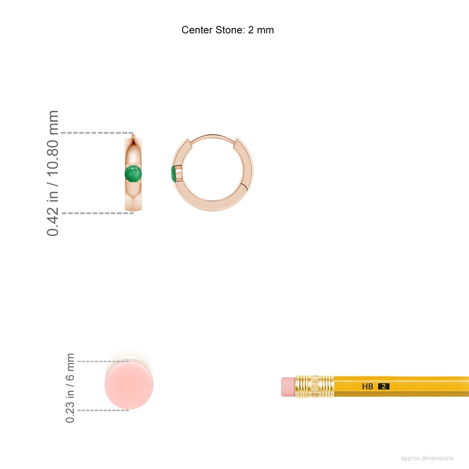 2mm A Channel-Set Round Emerald Hinged Hoop Earrings in Rose Gold ruler