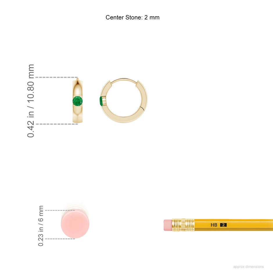 2mm AA Channel-Set Round Emerald Hinged Hoop Earrings in Yellow Gold ruler